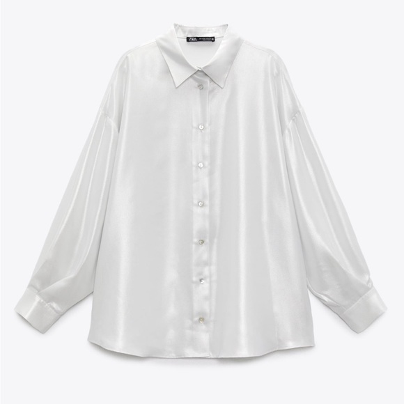 NWT / S/ ZARA Flowy Oversized Shimmer White  Pearl blouse button down shirt - Picture 4 of 16